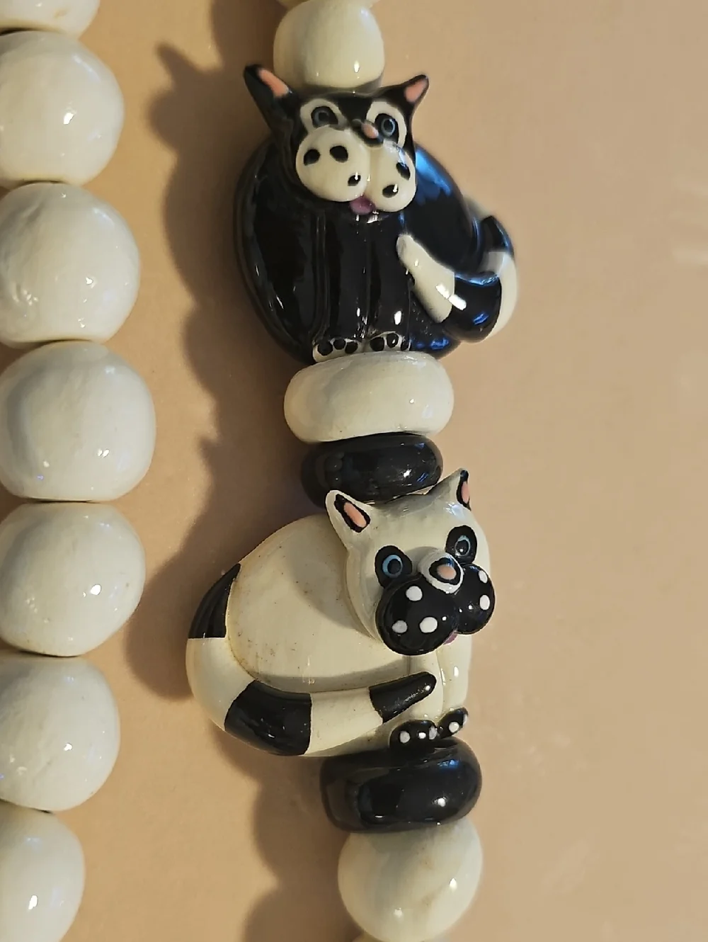Hand Crafted Black & White Wimsical Cat Bead Necklace.‎ 34